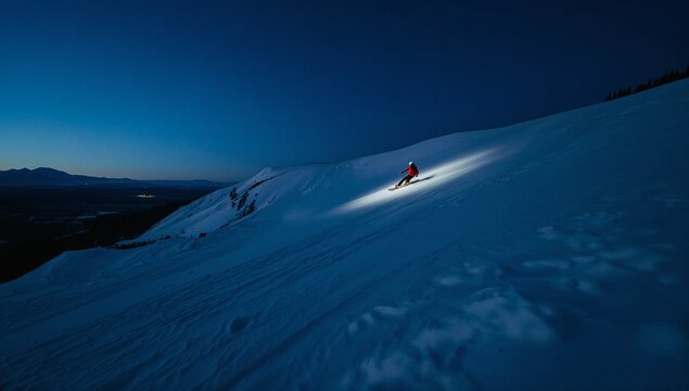 A person skiing down a snowy mountain at night, with a full moon shining bright in the sky