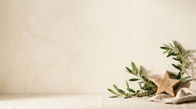 Olive branches and wooden star on linen cloth against a beige wall. Rustic Christmas decoration with copy space.