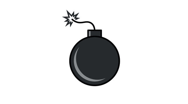 Round black explosive bomb featuring glowing red sparks, burning fuse, and dramatic minimalist vector graphic design style