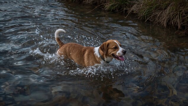 A brown and white dog wading in the water, great for pet or outdoor scenes