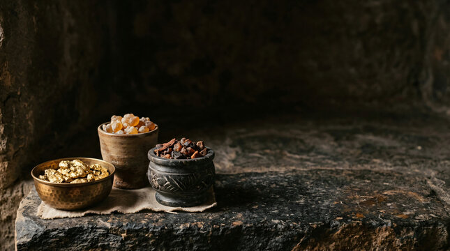 Gold frankincense and myrrh gifts on a stone surface. Gifts of the Magi.
