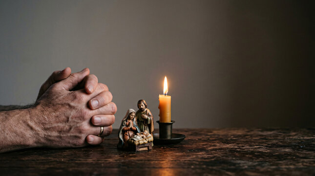 Clasped hands praying beside a nativity scene and lit candle. A symbol of faith and Christmas devotion.