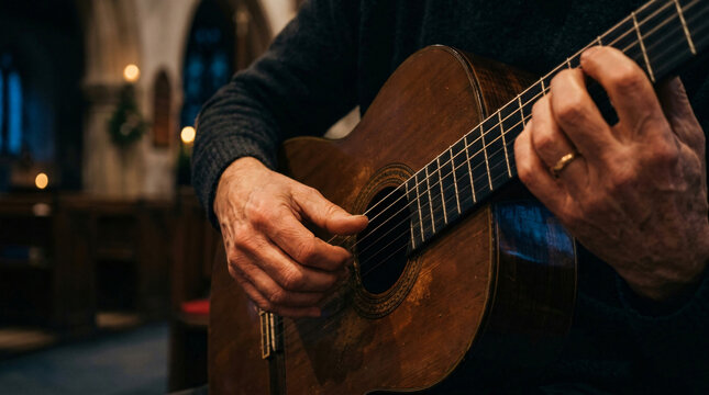Hands playing acoustic instrument in a church. Musician performing spiritual music.