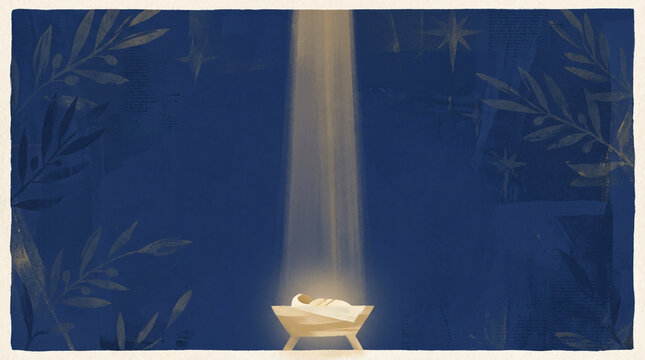 Baby Jesus in a manger under a beam of light on blue background. Christmas nativity scene illustration.