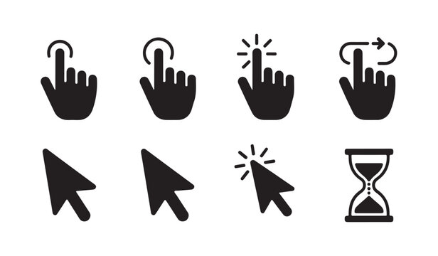 Black silhouette set of cursor and hand pointer icons for digital interaction isolated on transparent background.