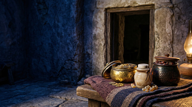 Gold frankincense and myrrh gifts of the wise men in a stone room.