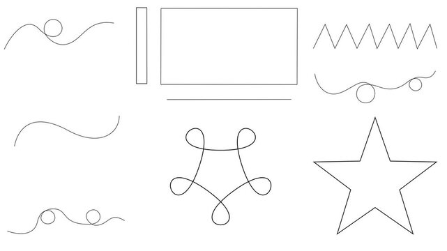 Simple black outline vector drawings and geometric contour shapes sketching progressively, handwritten paths and decorative artistic borders appearing across the clean canvas, white screen. 4k video