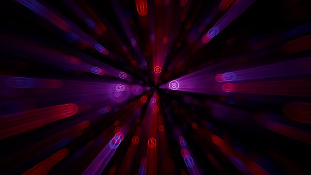 Looped animation of glowing neon numbers with red purple and blue light rays and optical effects. Abstract space of digits for science fiction, computer technology and digital art. VJ loop 4K 60fps