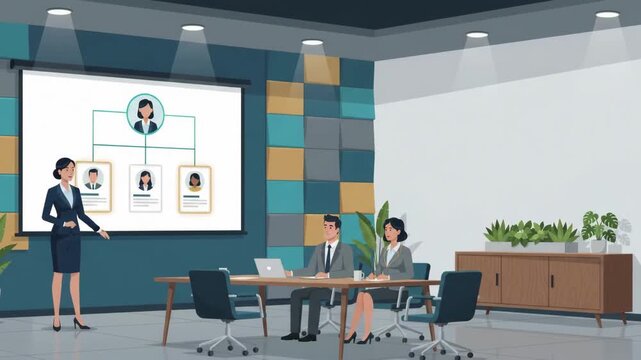 HR Director Presenting Corporate Organizational Chart on Projector Screen in Modern Office Animation