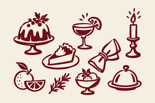 Christmas Dinner Hand Drawn Doodle Set with Festive Desserts, Cocktail and Table Decor