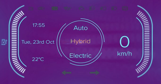Purple dashboard interface showing drive-mode selector, speed and temperature with curved gauges