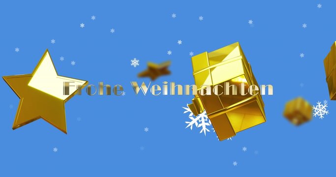 Frohe Weihnachten text featuring large gold star, gift box and snowflakes falling on blue backdrop