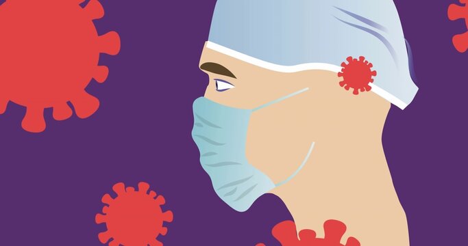 Healthcare worker wearing light blue mask beside red virus particles on purple backdrop, copy space