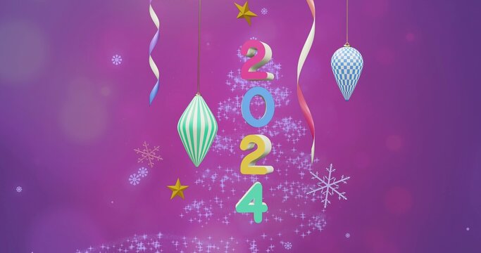 Vertical numerals forming 2024 with hanging ornaments and ribbons on purple gradient backdrop