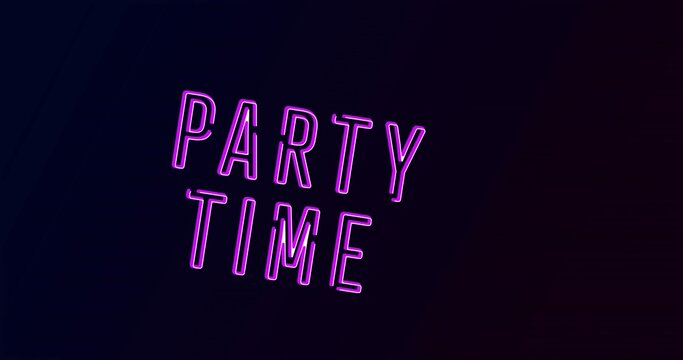 Glowing purple neon letters spelling PARTY TIME in two lines on dark background, copy space