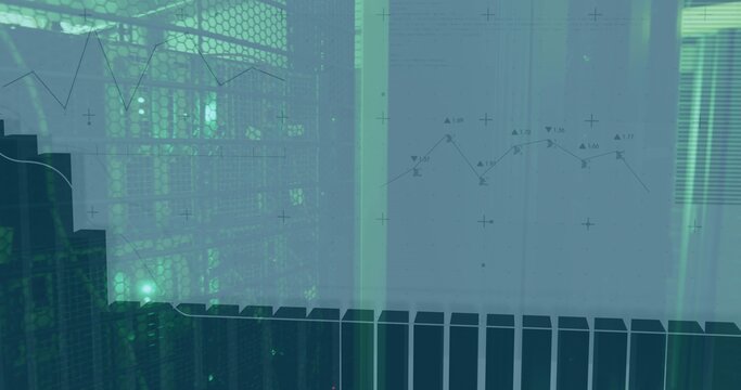 Financial chart displaying teal line graphs and candlestick bars over blurred grid background