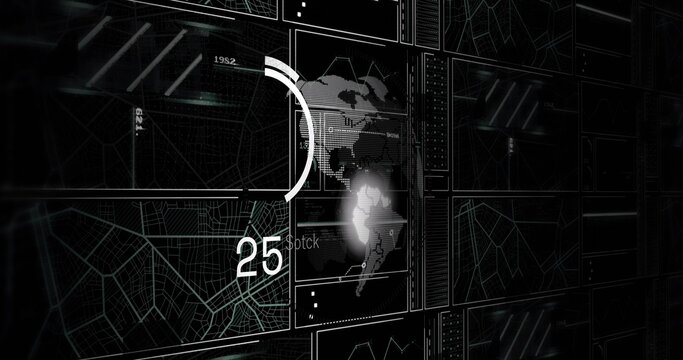 Digital display showing map of Americas, large number 25 and circular gauge with glowing grid lines
