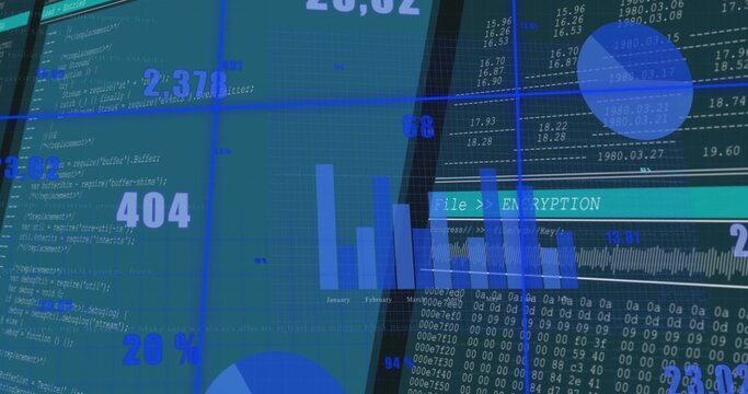 Digital dashboard displaying encrypted data charts and numeric readouts on dark teal screen
