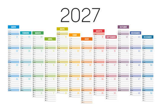 Colorful Spanish calendar 2027 with week numbers. Editable vector template with isolated layers.