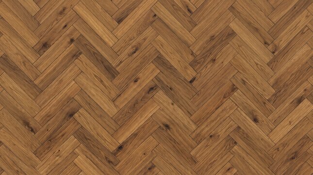 Natural brown wooden parquet flooring arranged in a classic herringbone pattern with detailed wood grain textures