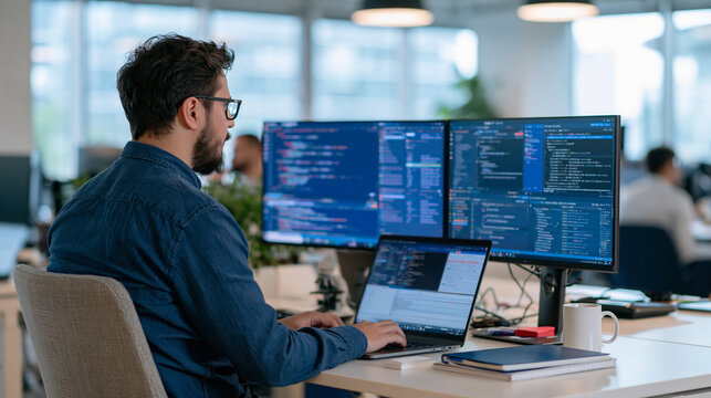 Rear three quarter view of a young European software engineer working on an algorithm on a laptop beside a triple monitor setup displaying code and technical dashboards, bright