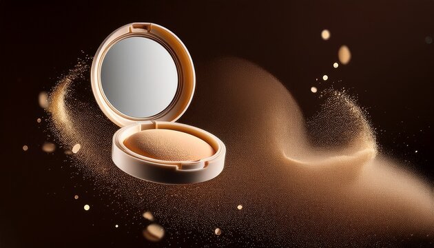 loose powder compact with open lid and makeup puff floating above sparkling beige particles on black studio background