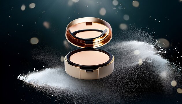 loose powder compact with open lid and makeup puff floating above sparkling white particles on black studio background