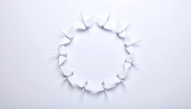 White origami paper birds arranged in a circular design