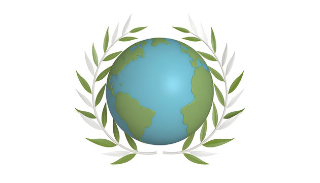 Blue Earth globe surrounded by green and white leaf branches
