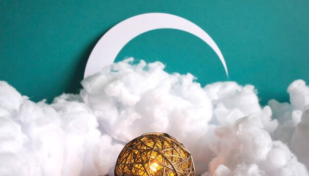 Decorative Ramadan themed scene with crescent moon and cloudscape