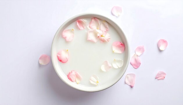 Bowl of milk with floating pink rose petals for spa treatment session