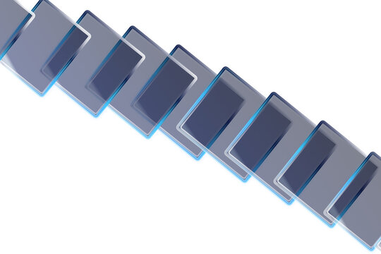 Diagonal translucent glass rectangles floating diagonally with blue glowing borders and geometric shadows isolated on transparent background
