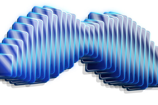 Modern futuristic blue smartphones arranged in a dynamic wave pattern featuring glowing light effects and sleek glossy surfaces presented on transparent background