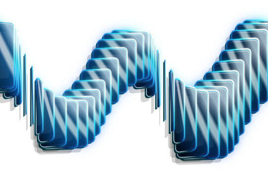 Dynamic wave of glossy blue rectangular digital glass elements arranged in a fluid pattern on transparent background