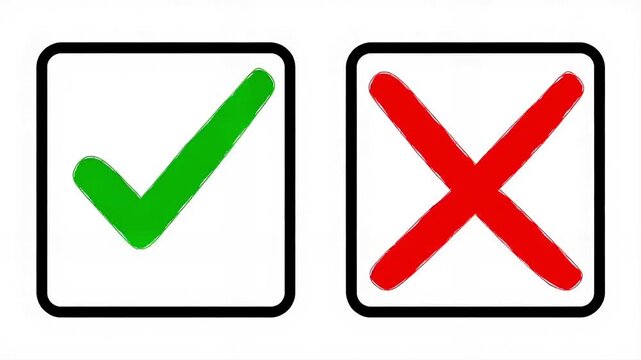 Green Checkmark and Red Cross Icons Side by Side, Clean Flat Vector Illustration with Bold Black Borders
