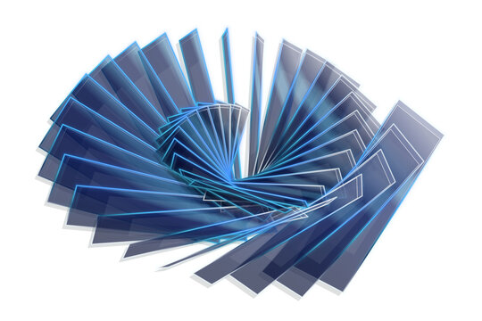 Futuristic digital spiral swirl pattern made with glowing blue glass rectangular plates on transparent background