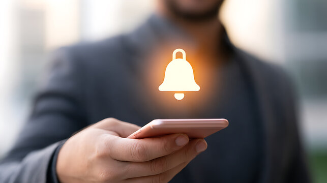 Businessman hold smartphone with glowing notification bell icon in digital corporate office environment for mobile alert and message system