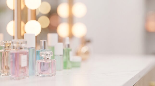 Cosmetic bottles and luxury perfume flacons on white marble vanity counter.