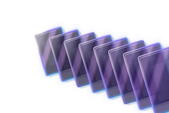 Modern electronic smartphone devices arranged neatly in diagonal row featuring glowing neon light effects displayed on transparent background