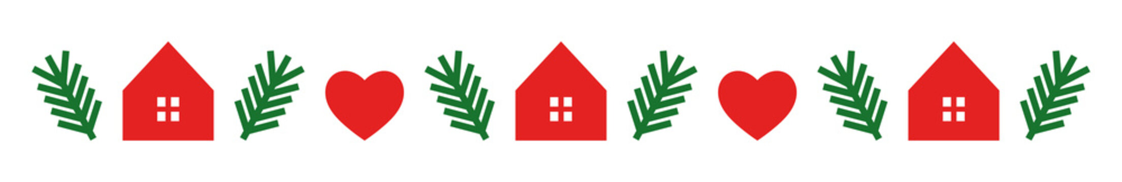 Christmas border made of houses, hearts and fir branches. Cute holiday pattern divider. PNG illustration.