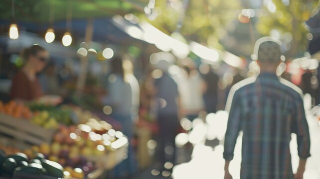 Hazy view of a busy farmers market filled with the sights and sounds of vendors selling their goods.
