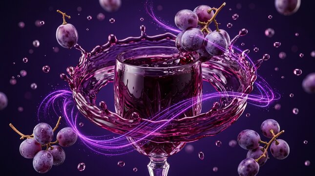 Purple grape juice splash in glass, fresh fruit beverage with red grapes, dynamic liquid motion on dark background, commercial drink photography