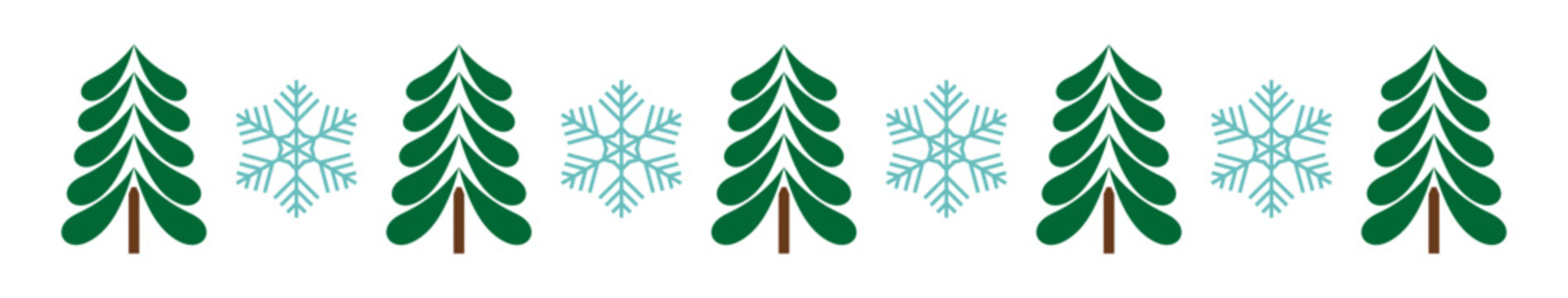 Christmas trees and snowflakes border. Vector illustration.
