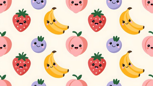 Colorful cute fruits seamless pattern featuring smiling kawaii strawberries bananas and peaches with happy faces