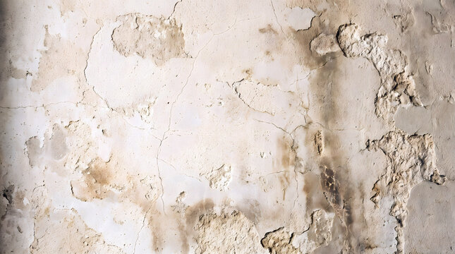 Weathered wall surface with peeling beige paint, cracks, and rough plaster texture, distressed architectural background