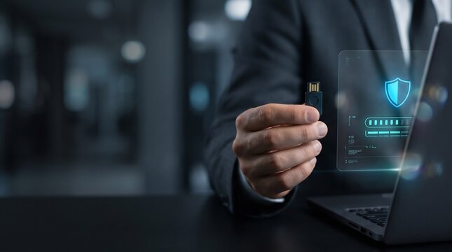 A business professional holding a security key next to a laptop with digital protection icons