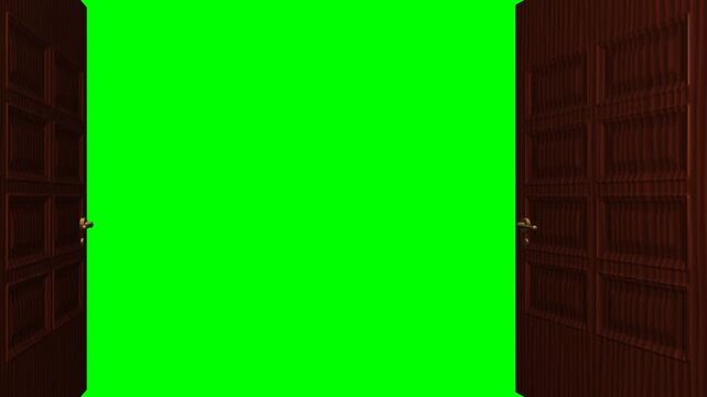 Elegant wooden double doors opening to reveal a bright green screen for easy compositing and customization