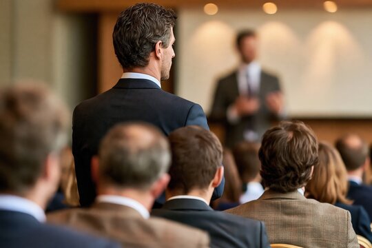 Businessman asking question at corporate conference presentation event