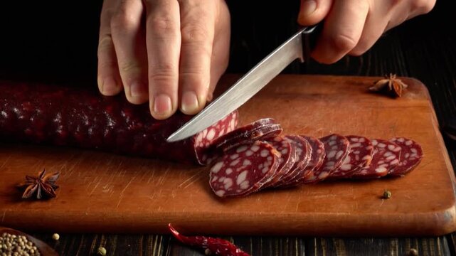 Hands slicing a dark cured sausage into thin marbled rounds on a wooden cutting board with a kitchen knife and spices, close food preparation scene