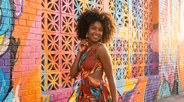 Young Black woman posing beside a colorful urban wall